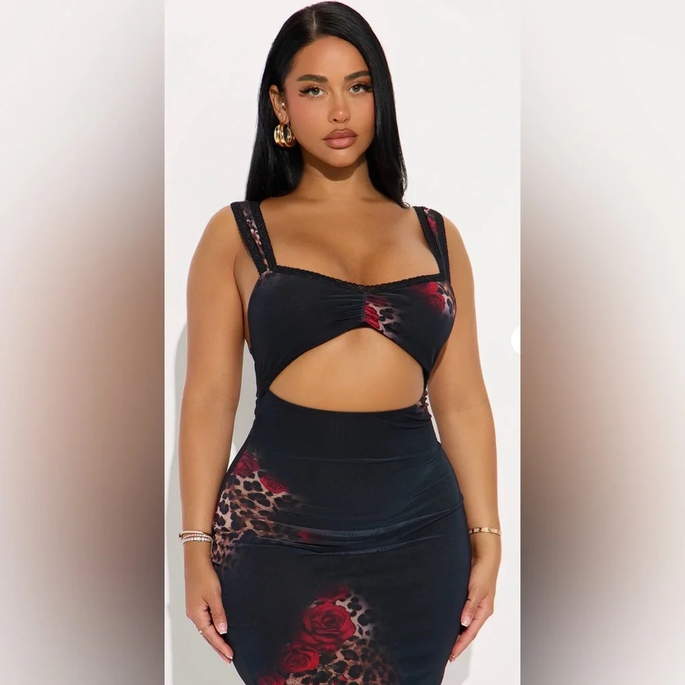 Fashion Nova Black and Red Midi Dress - Picture 2 of 5